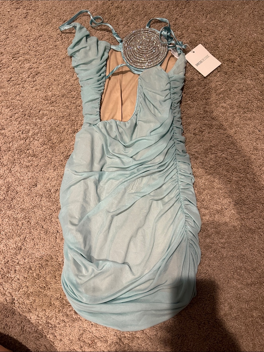 Dress the Population Aqua Ruched Mini Dress with Cutout